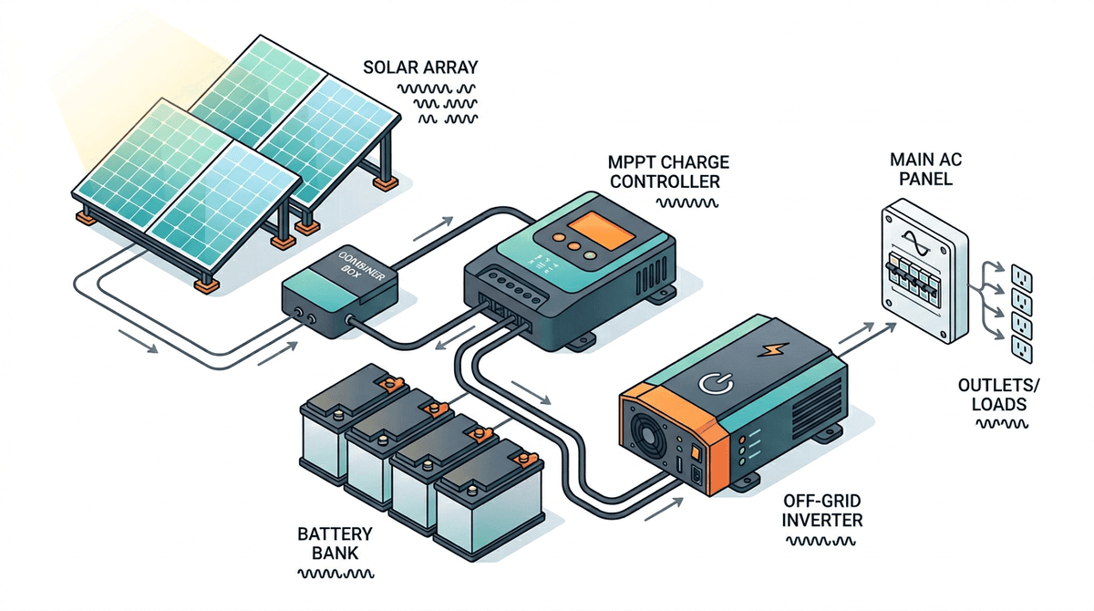 DIY off-grid solar: panels, combiner, MPPT, batteries, inverter, and AC load center wiring concept