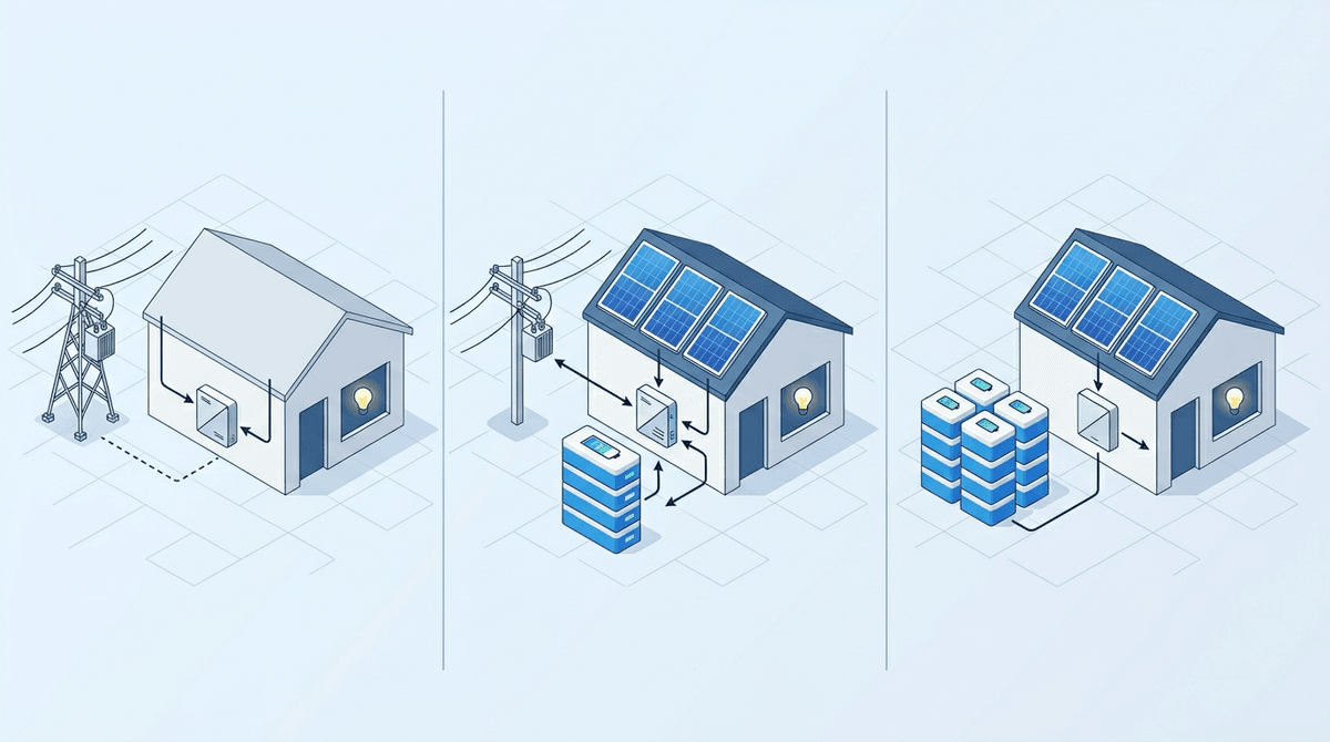 Solar en red vs hÃbrido vs aislado 2026