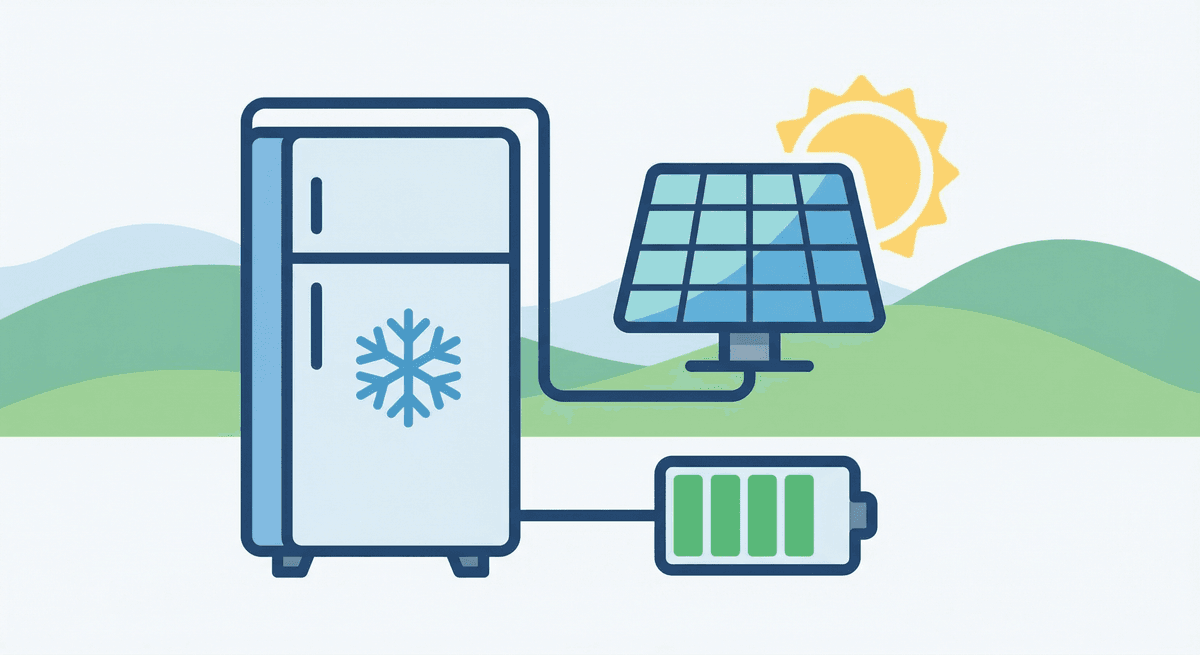 Kühlschrank mit Solarpanel und Batterie, Off-Grid-Stromkonzept