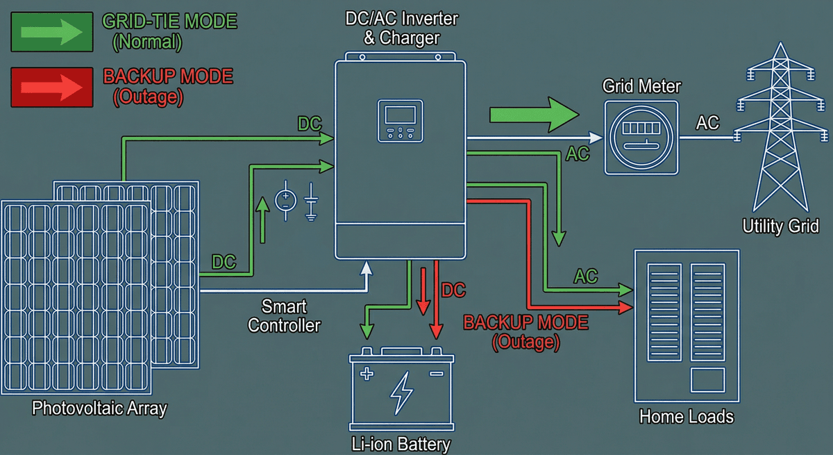 ระบบโซลาร์ไฮบริดพร้อมแบตเตอรี่สำรองเชื่อมต่อกริด