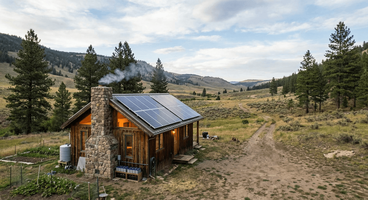 Cabane ou chalet avec panneaux solaires, cadre hors réseau