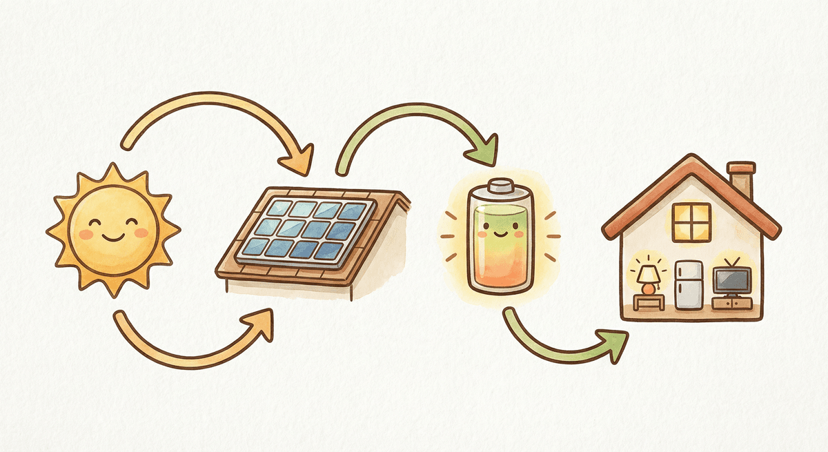 Beginner-friendly diagram: sun, panels, battery, loads