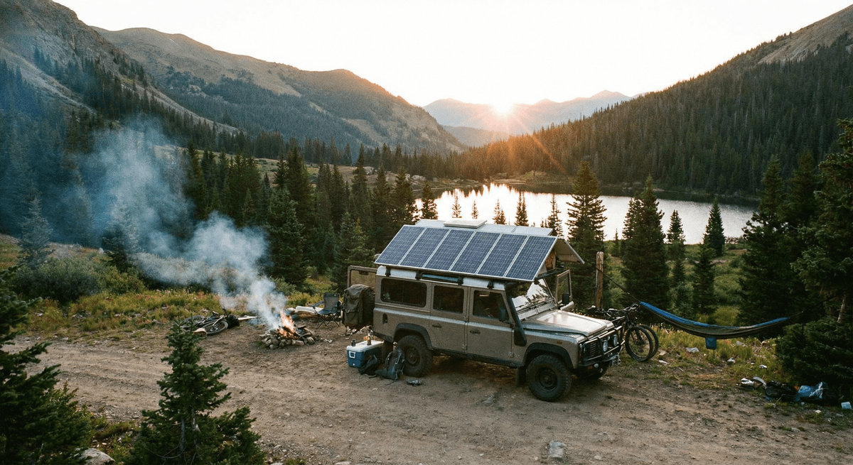 Автодом или кемпер с солнечными панелями на крыше, тема мобильной автономности