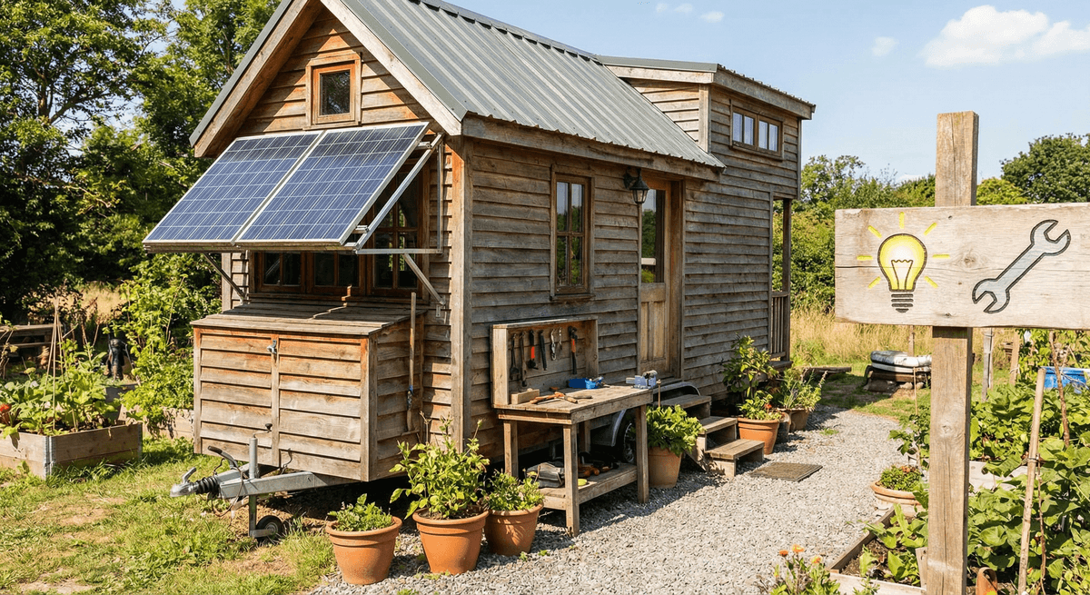 小さなソーラーアレイを備えた小屋またはタイニーホーム