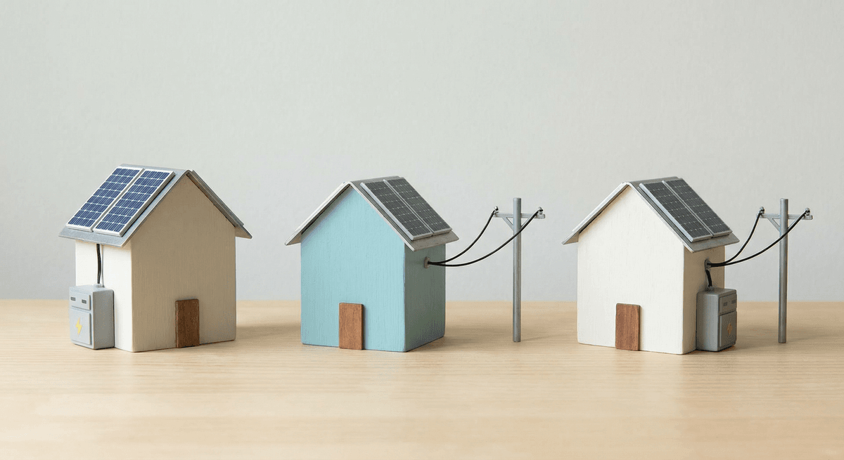 Three system types: off-grid, grid-tied, hybrid with simple icons