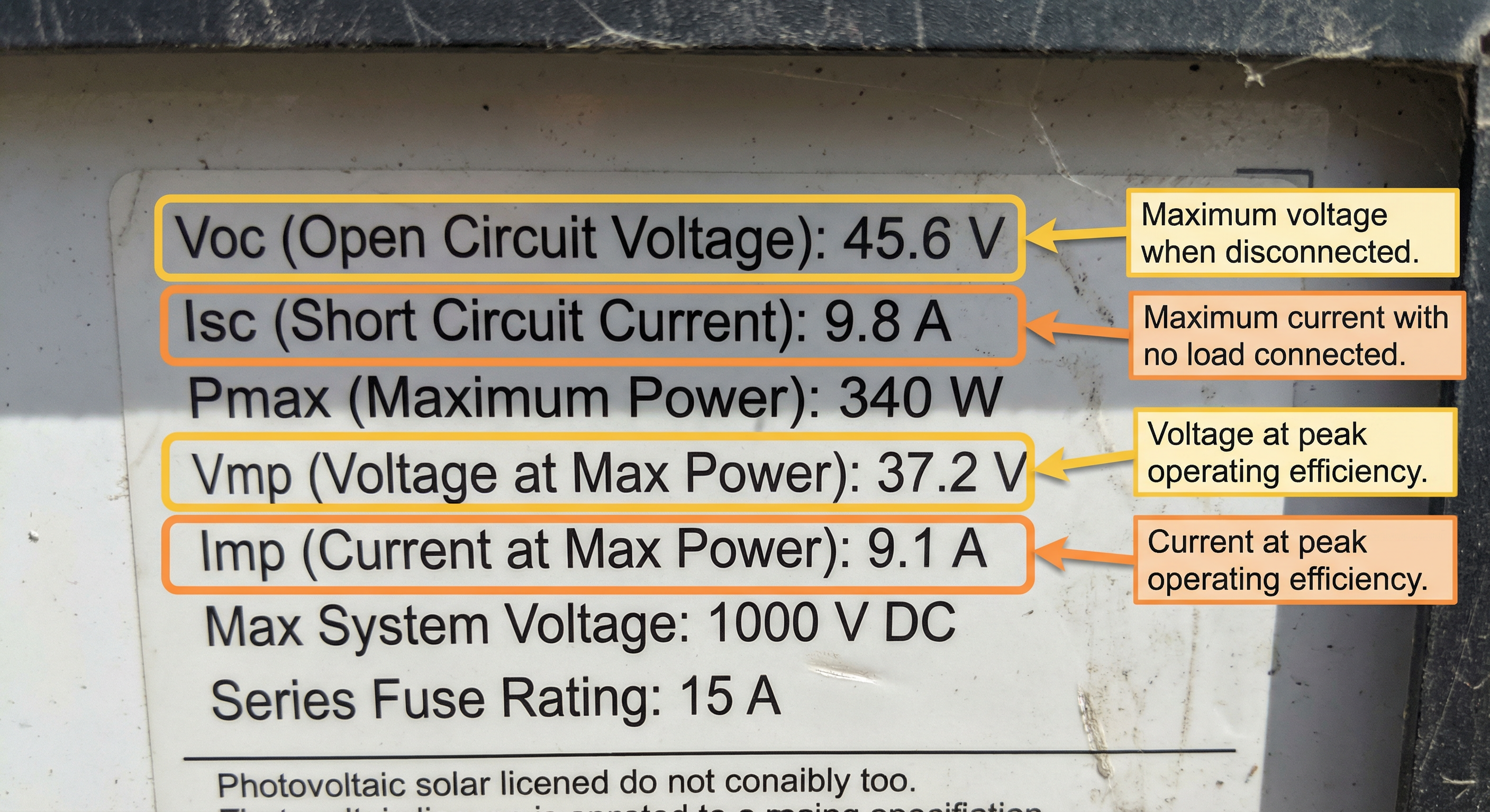 Läsa solpanelspecifikationer: Voc, Isc, Vmp