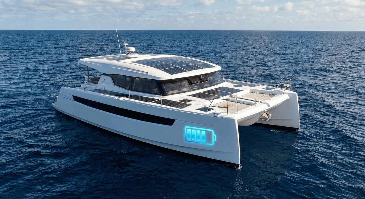 Boat with solar panels, marine off-grid theme