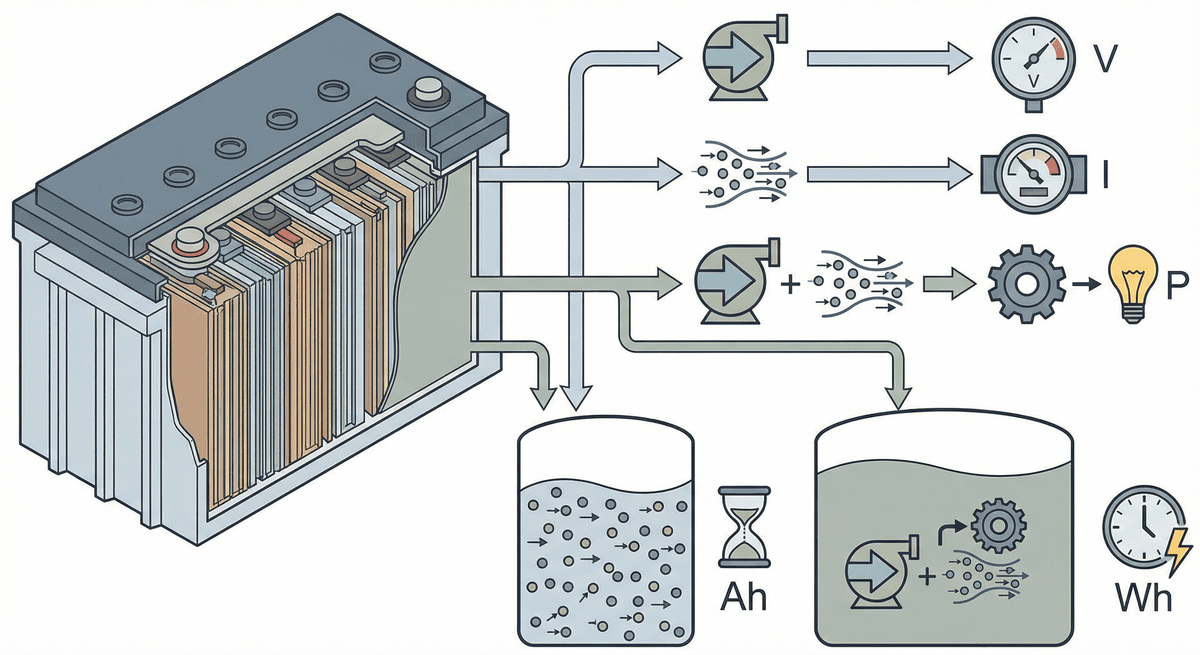Wh vs Ah：式 Wh = V × Ah を含む簡単な図