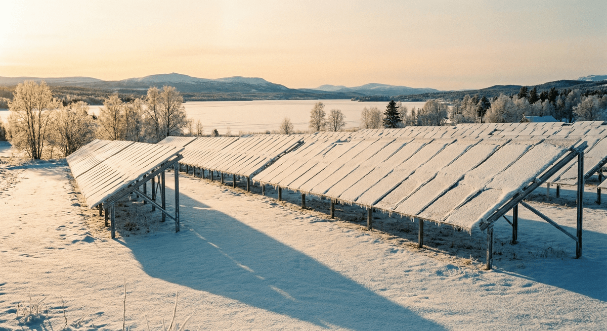 겨울 태양, 낮은 각도, 태양광 패널과 눈 또는 짧은 낮